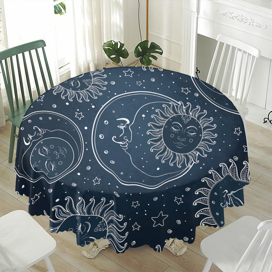 Vintage Sun And Moon Pattern Print Waterproof Round Tablecloth