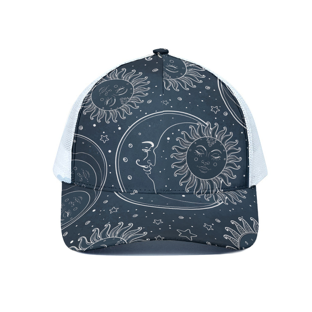 Vintage Sun And Moon Pattern Print White Mesh Trucker Cap