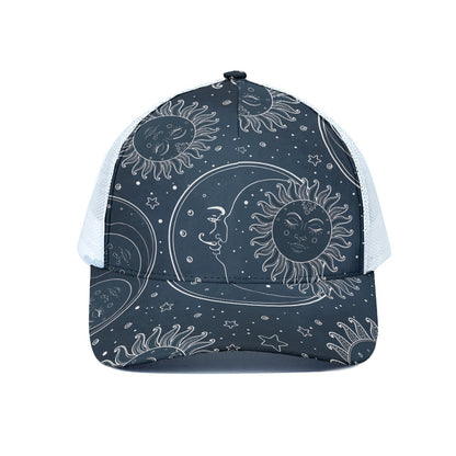 Vintage Sun And Moon Pattern Print White Mesh Trucker Cap