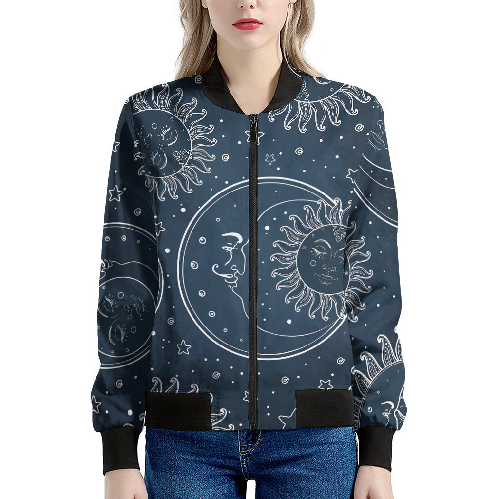 Vintage Sun And Moon Pattern Print Women's Bomber Jacket