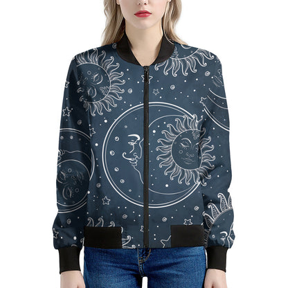 Vintage Sun And Moon Pattern Print Women's Bomber Jacket