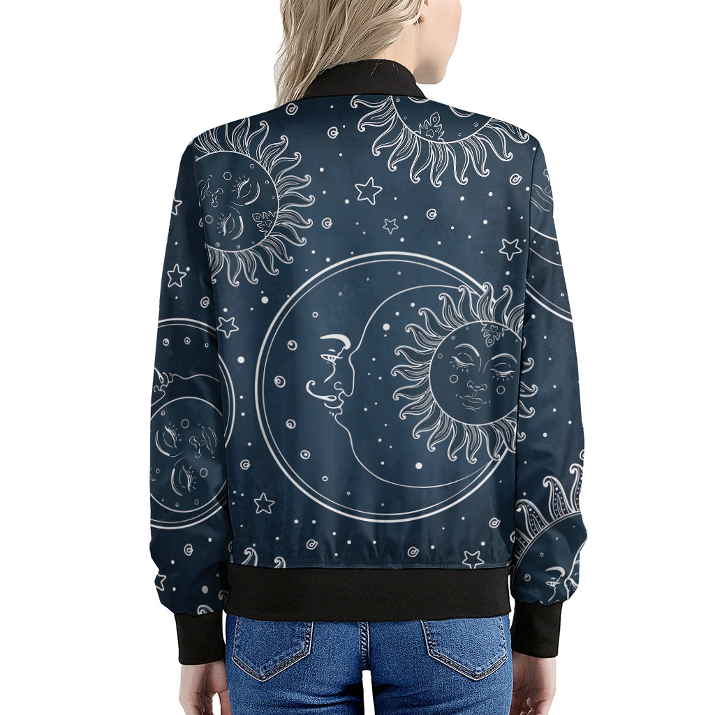 Vintage Sun And Moon Pattern Print Women's Bomber Jacket