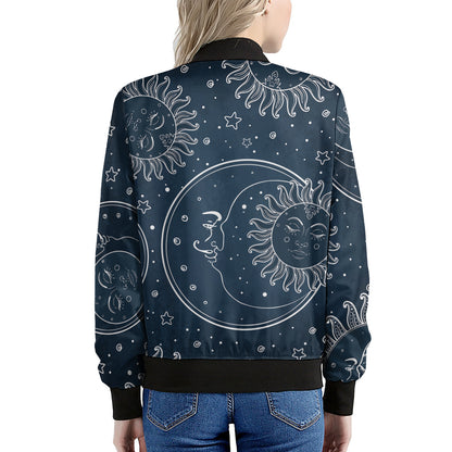 Vintage Sun And Moon Pattern Print Women's Bomber Jacket