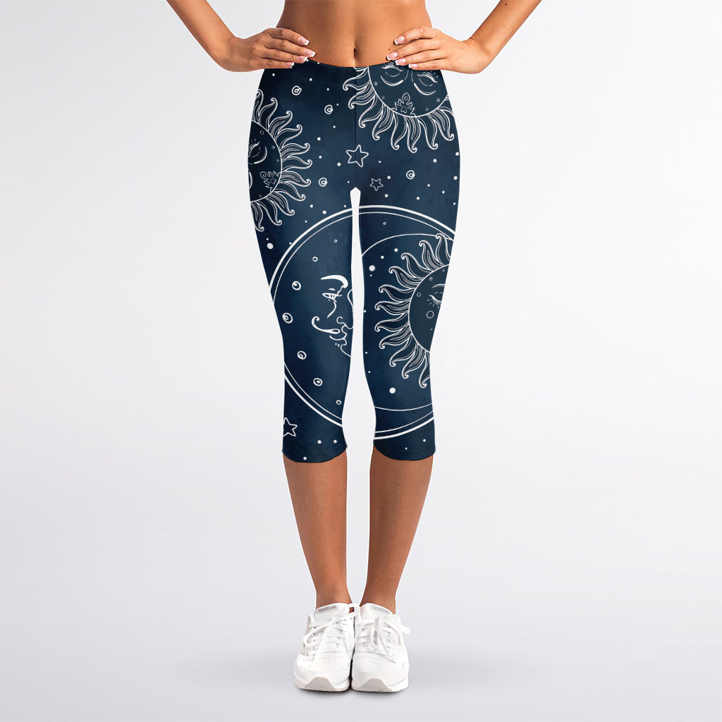 Vintage Sun And Moon Pattern Print Women's Capri Leggings