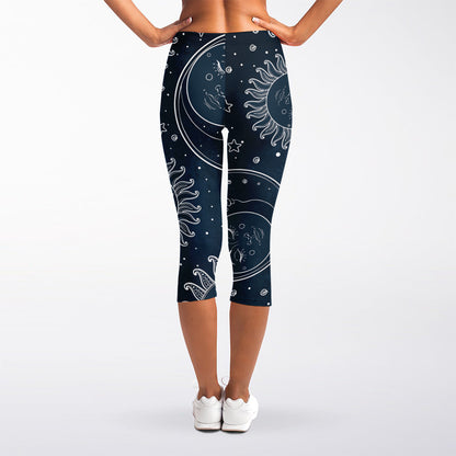 Vintage Sun And Moon Pattern Print Women's Capri Leggings