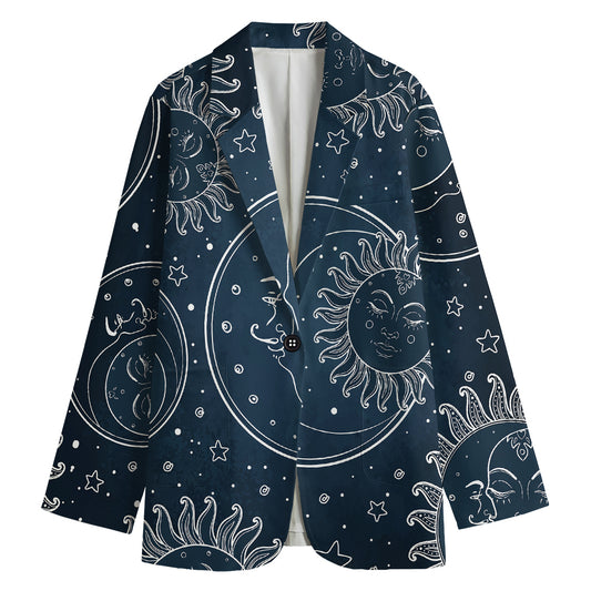 Vintage Sun And Moon Pattern Print Women's Cotton Blazer