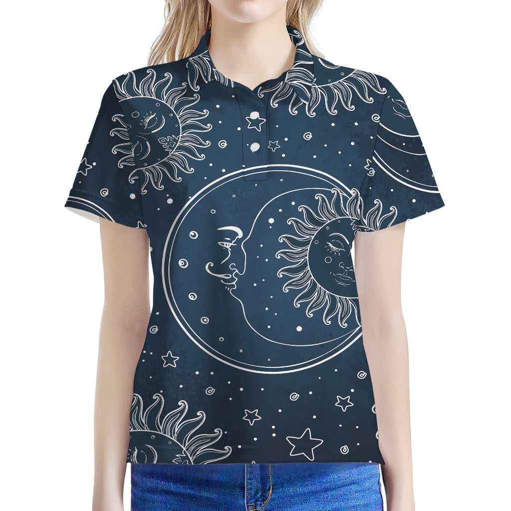 Vintage Sun And Moon Pattern Print Women's Polo Shirt