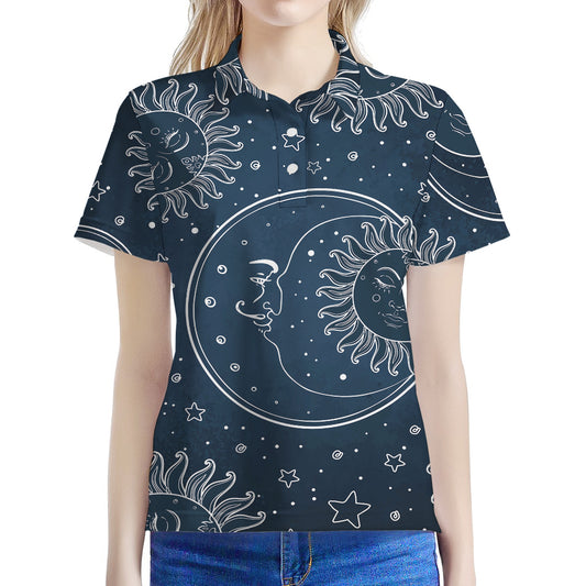 Vintage Sun And Moon Pattern Print Women's Polo Shirt