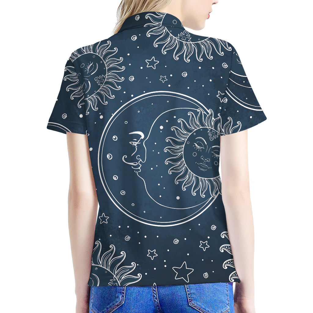 Vintage Sun And Moon Pattern Print Women's Polo Shirt