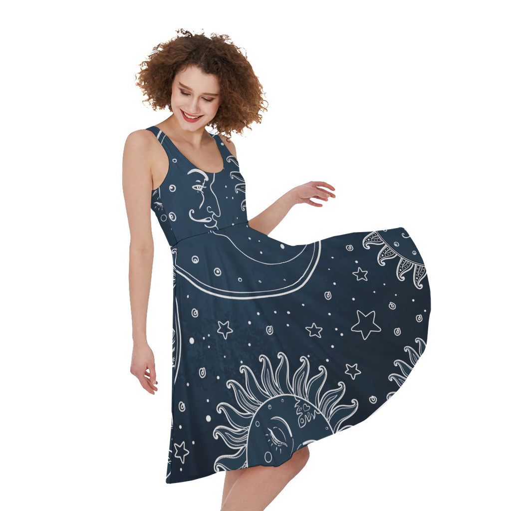 Vintage Sun And Moon Pattern Print Women's Sleeveless Dress