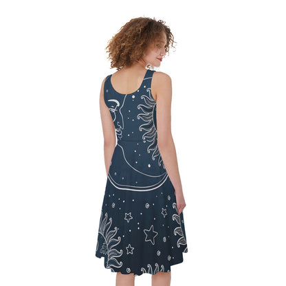 Vintage Sun And Moon Pattern Print Women's Sleeveless Dress