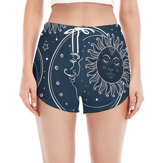 Vintage Sun And Moon Pattern Print Women's Split Running Shorts