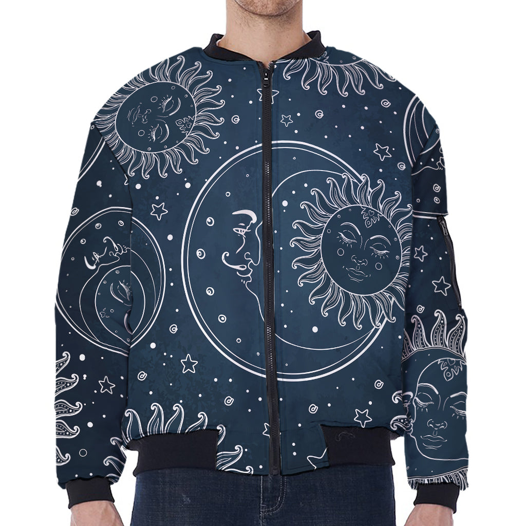 Vintage Sun And Moon Pattern Print Zip Sleeve Bomber Jacket