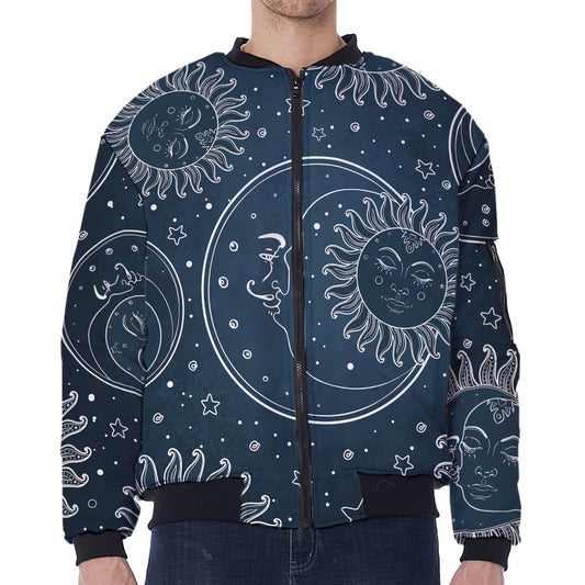 Vintage Sun And Moon Pattern Print Zip Sleeve Bomber Jacket