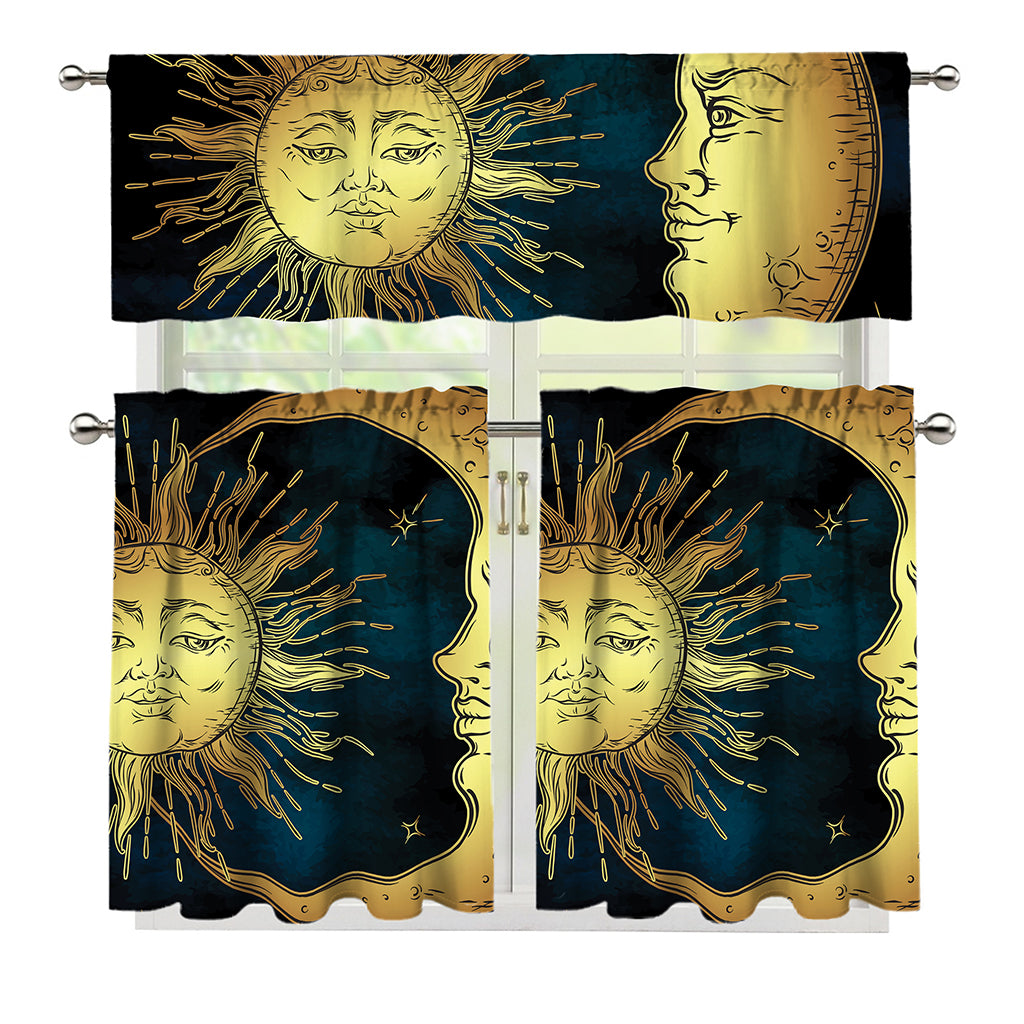 Vintage Sun And Moon Print 3 Piece Kitchen Curtains