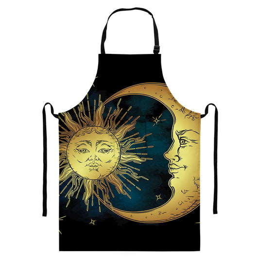 Vintage Sun And Moon Print Bib Apron With Pocket