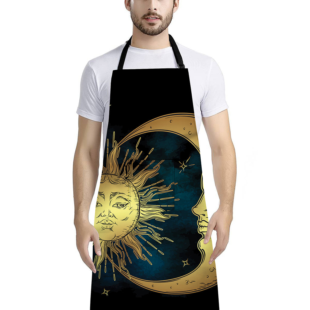 Vintage Sun And Moon Print Bib Apron With Pocket