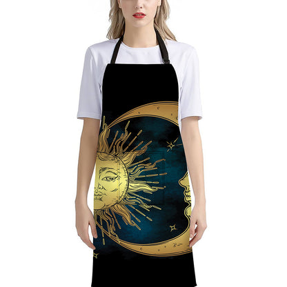 Vintage Sun And Moon Print Bib Apron With Pocket