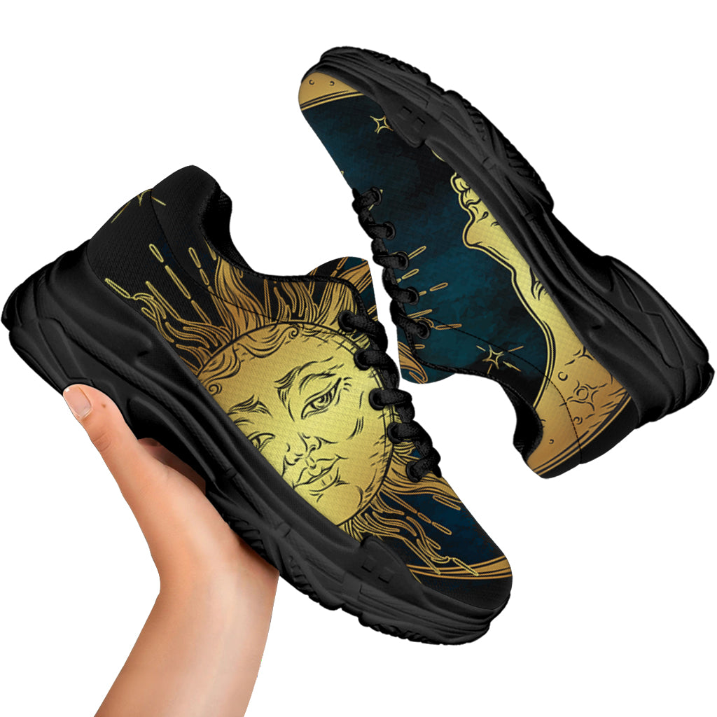 Vintage Sun And Moon Print Black Chunky Shoes