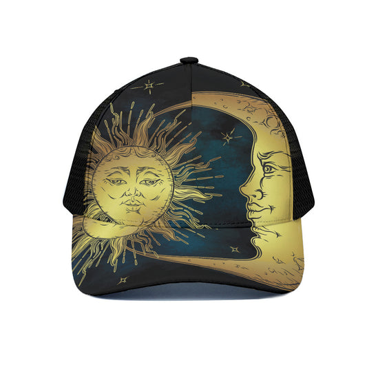 Vintage Sun And Moon Print Black Mesh Trucker Cap