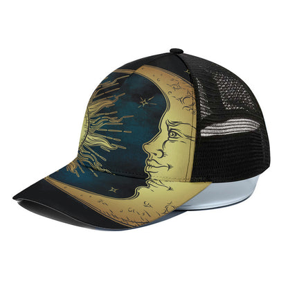 Vintage Sun And Moon Print Black Mesh Trucker Cap