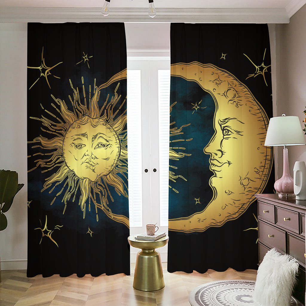 Vintage Sun And Moon Print Blackout Pencil Pleat Curtains