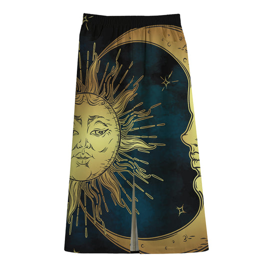Vintage Sun And Moon Print Cotton Front Slit Maxi Skirt