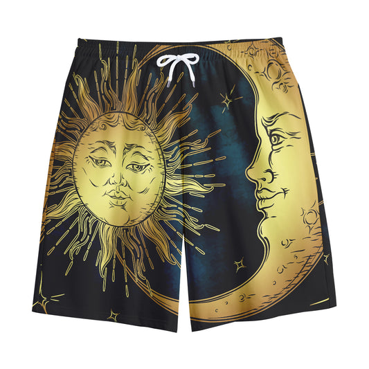 Vintage Sun And Moon Print Cotton Shorts