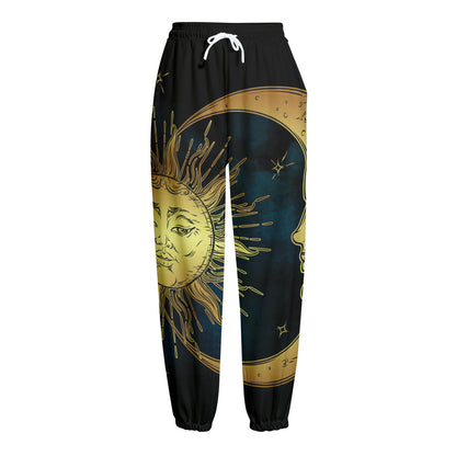 Vintage Sun And Moon Print Fleece Lined Knit Pants