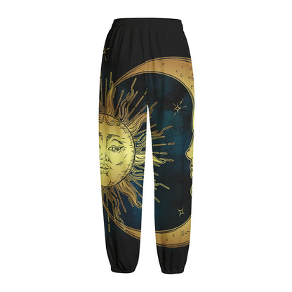 Vintage Sun And Moon Print Fleece Lined Knit Pants