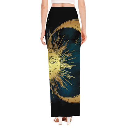 Vintage Sun And Moon Print High Slit Maxi Skirt