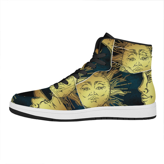 Vintage Sun And Moon Print High Top Leather Sneakers