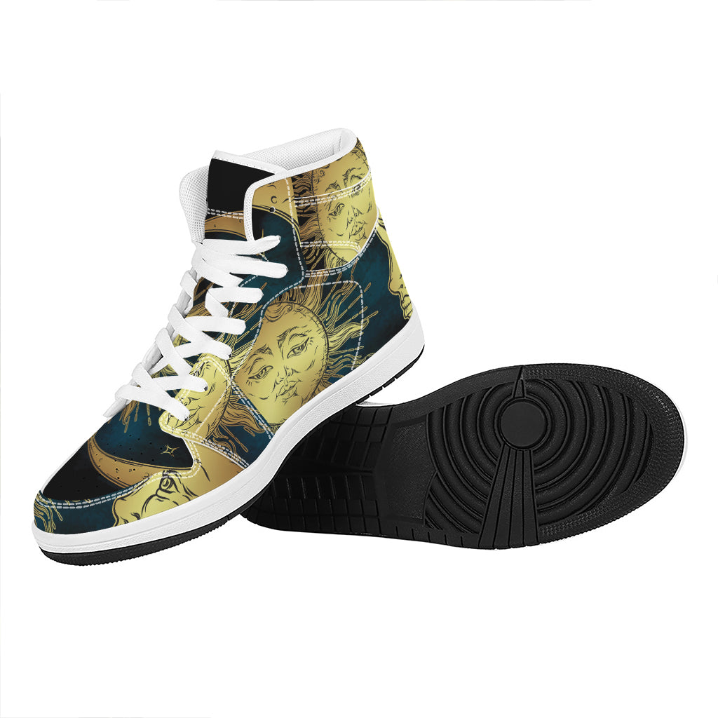 Vintage Sun And Moon Print High Top Leather Sneakers