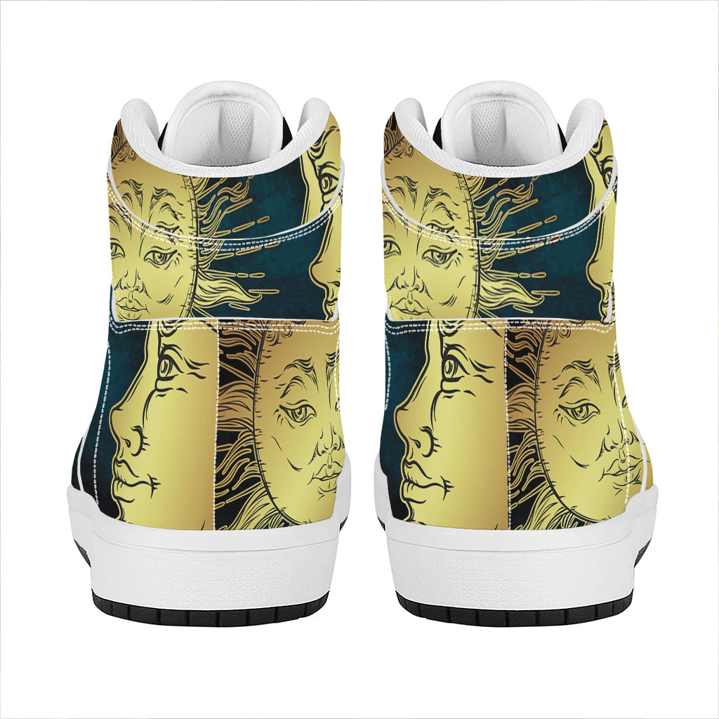 Vintage Sun And Moon Print High Top Leather Sneakers