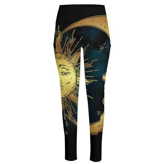Vintage Sun And Moon Print High-Waisted Pocket Leggings