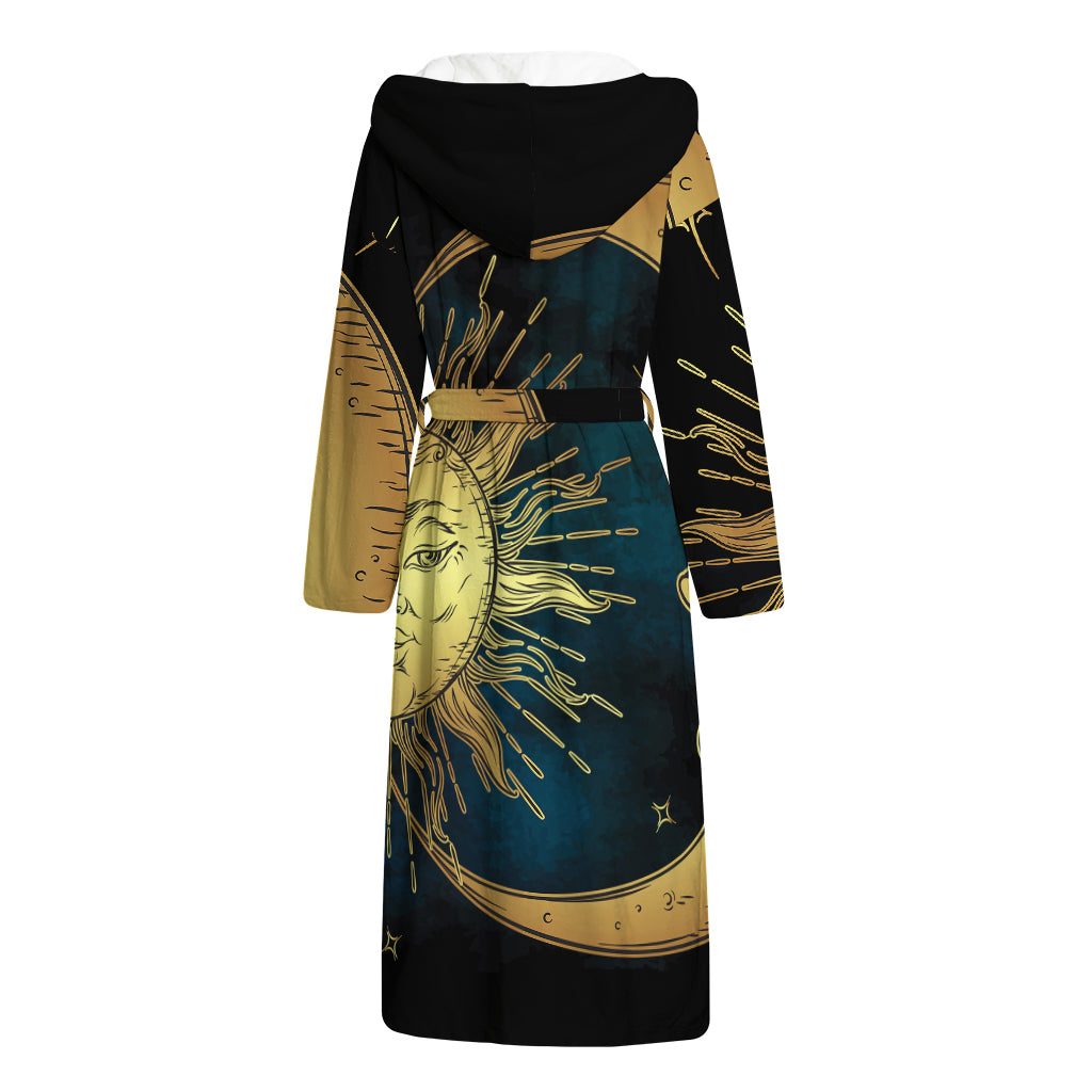Vintage Sun And Moon Print Hooded Bathrobe