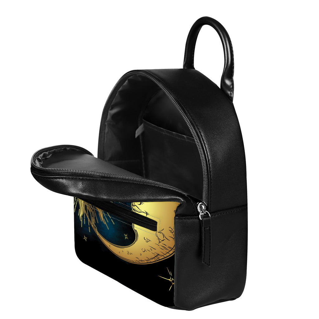 Vintage Sun And Moon Print Leather Backpack