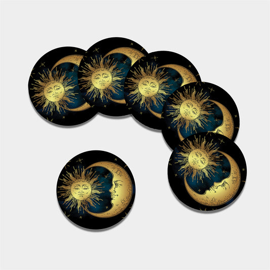 Vintage Sun And Moon Print Leather Coaster Set