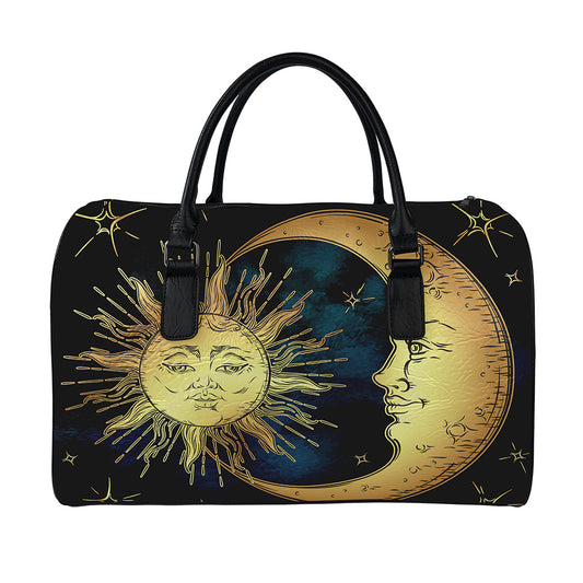 Vintage Sun And Moon Print Leather Duffle Bag