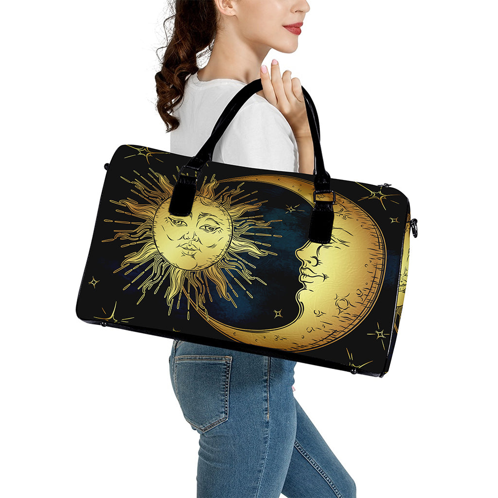 Vintage Sun And Moon Print Leather Duffle Bag