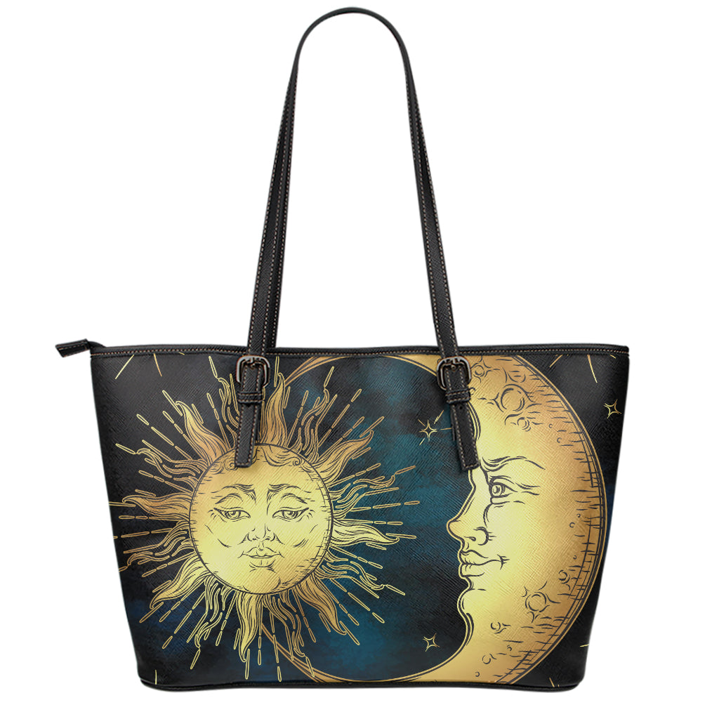 Vintage Sun And Moon Print Leather Tote Bag
