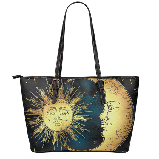 Vintage Sun And Moon Print Leather Tote Bag