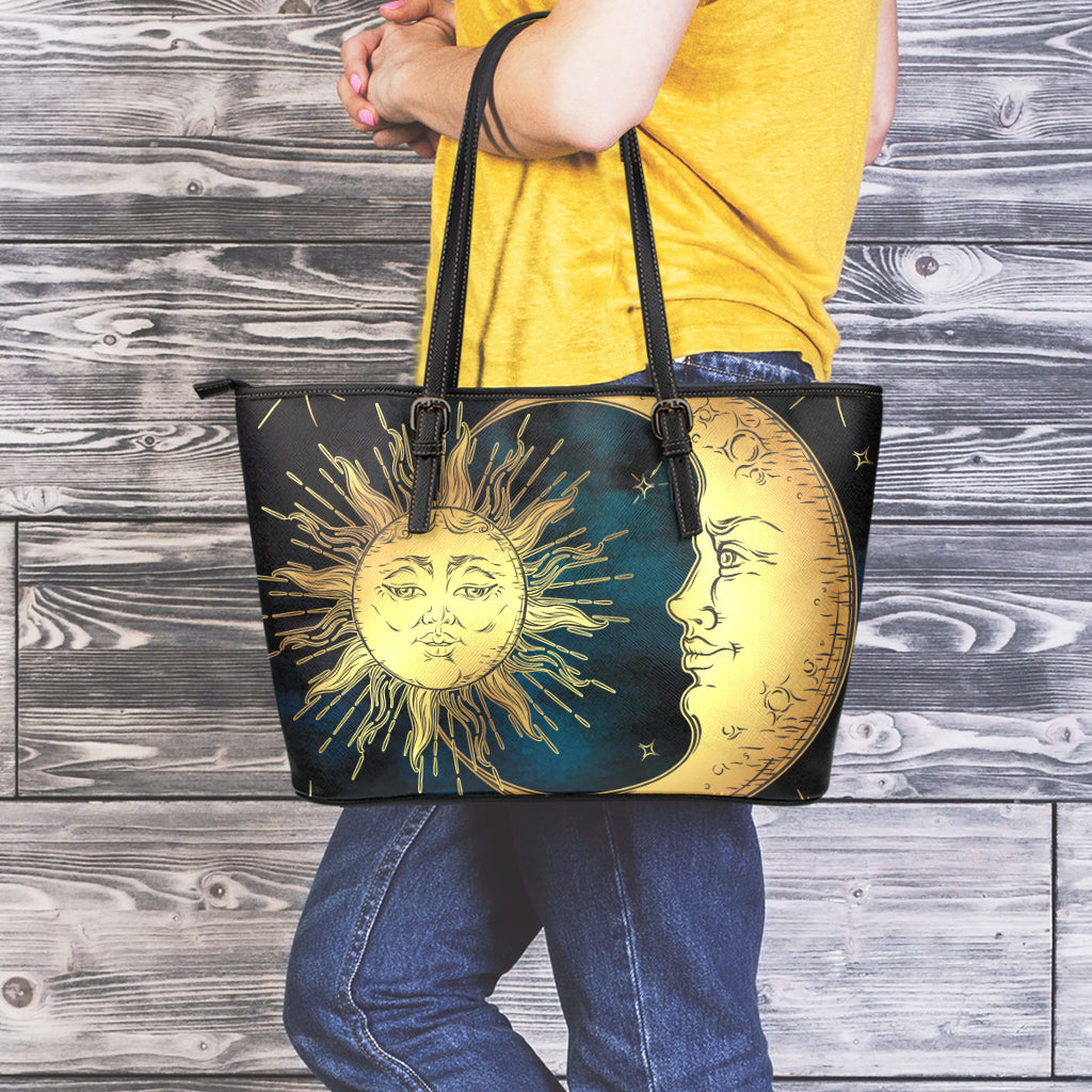 Vintage Sun And Moon Print Leather Tote Bag