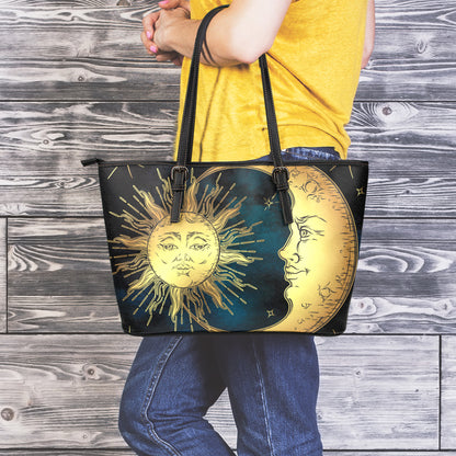 Vintage Sun And Moon Print Leather Tote Bag