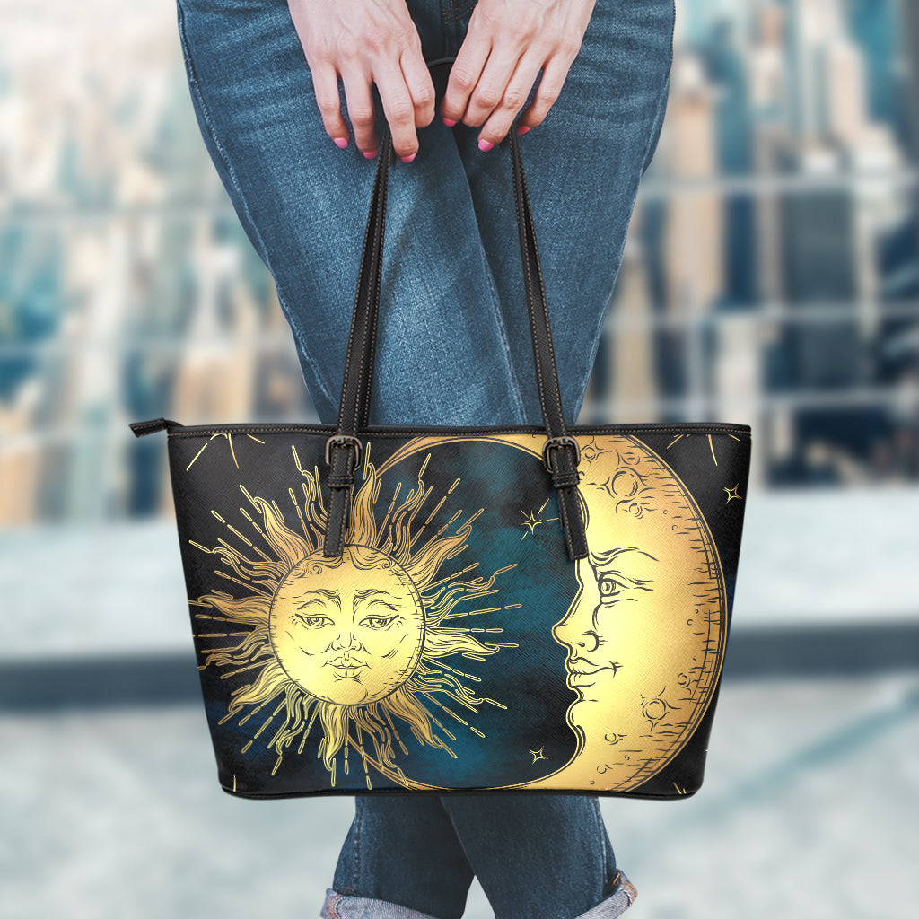 Vintage Sun And Moon Print Leather Tote Bag