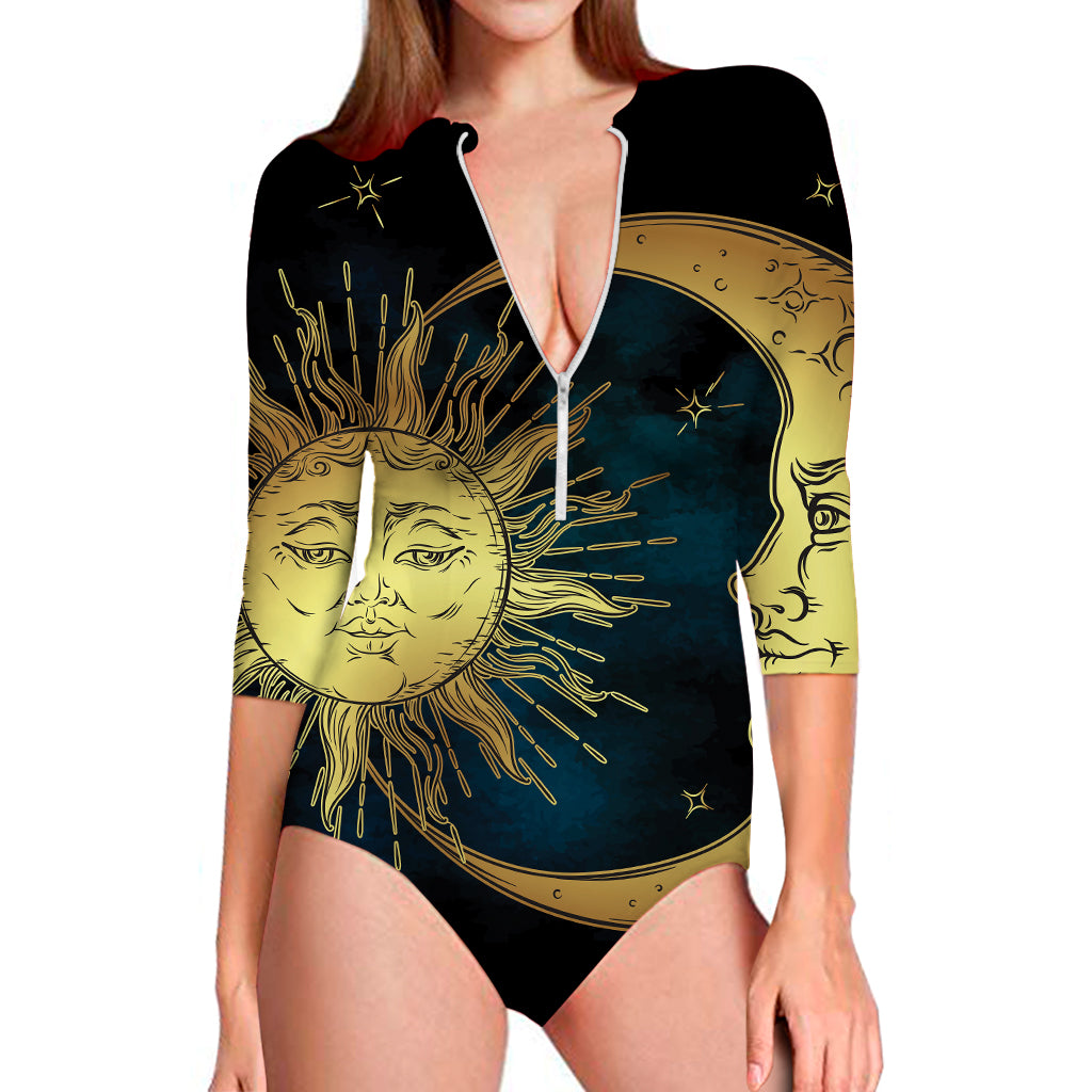 Vintage Sun And Moon Print Long Sleeve Swimsuit