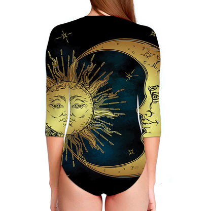 Vintage Sun And Moon Print Long Sleeve Swimsuit