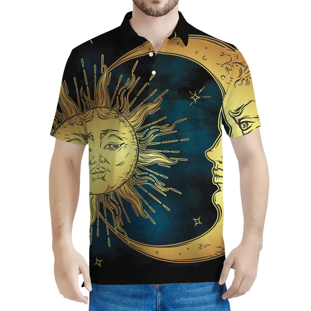 Vintage Sun And Moon Print Men's Polo Shirt