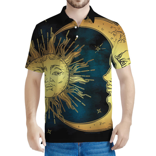 Vintage Sun And Moon Print Men's Polo Shirt