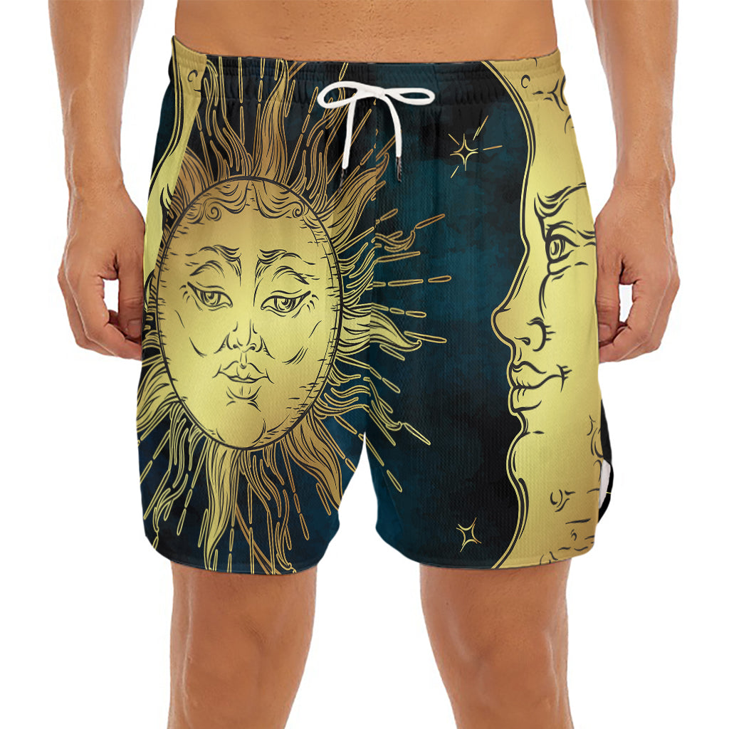 Vintage Sun And Moon Print Men's Split Running Shorts
